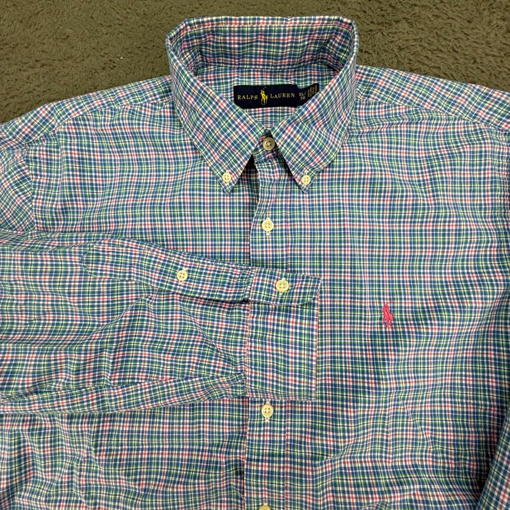 Ralph Lauren Button Down Shirt Mens XL Blue Green Pink Plaid Long Sleeve